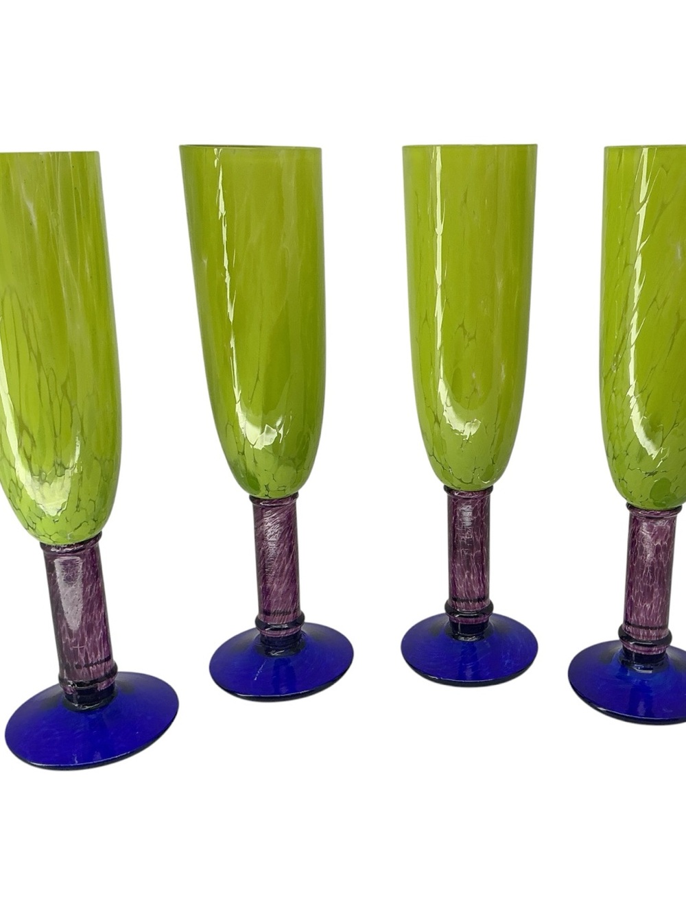 Hand Blown Studio Art Green, Purple and Blue Glass Champagne Flutes - Set of 4